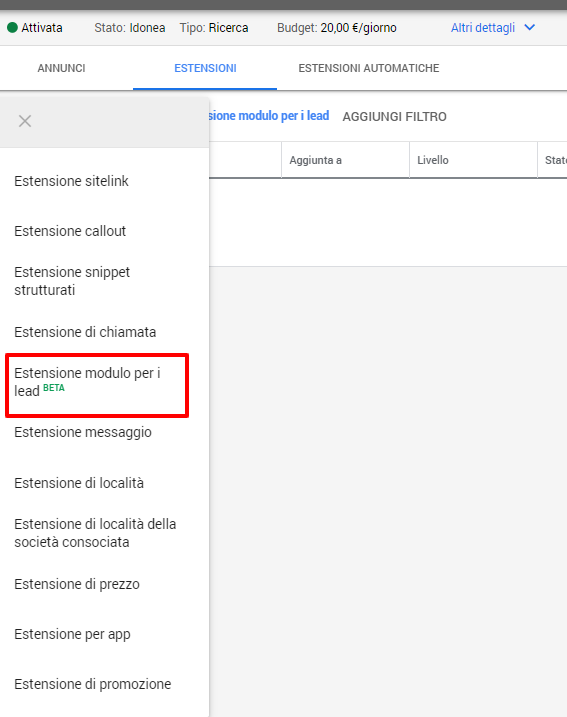 aggiungere estensione modulo per i lead